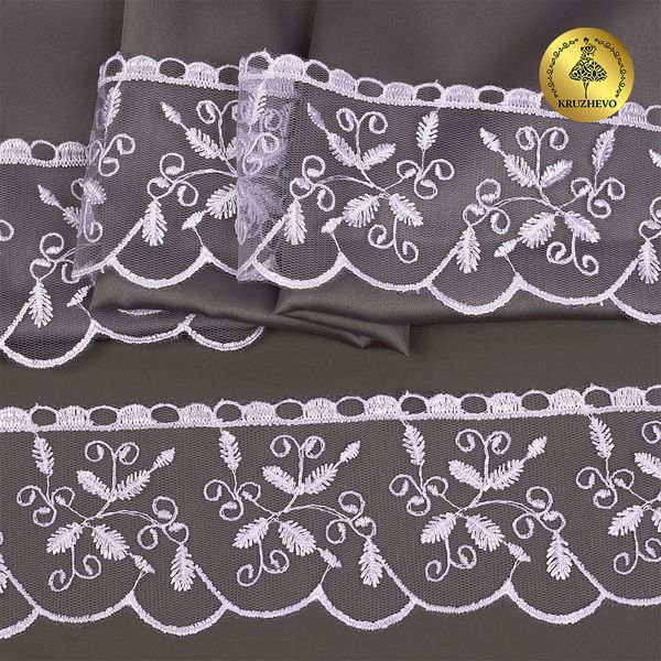 Кружево на сетке 65 мм, цв.01 белый, уп.13.7м, Kruzhevo