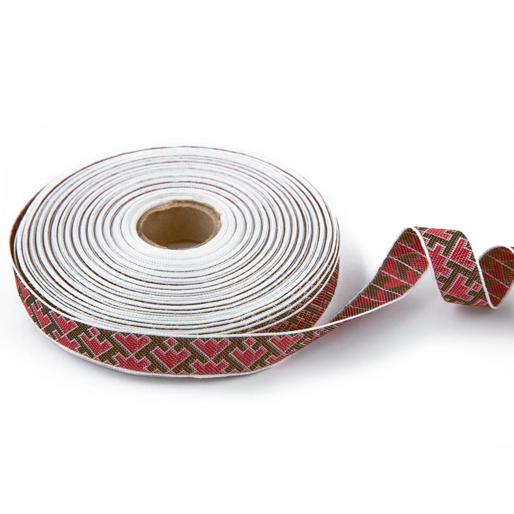 Лента (тесьма) жаккардовая 18.0 мм / 25 метров, рис.9699 белый-красный-коричневый, Gamma С3771Г17 рис.9699