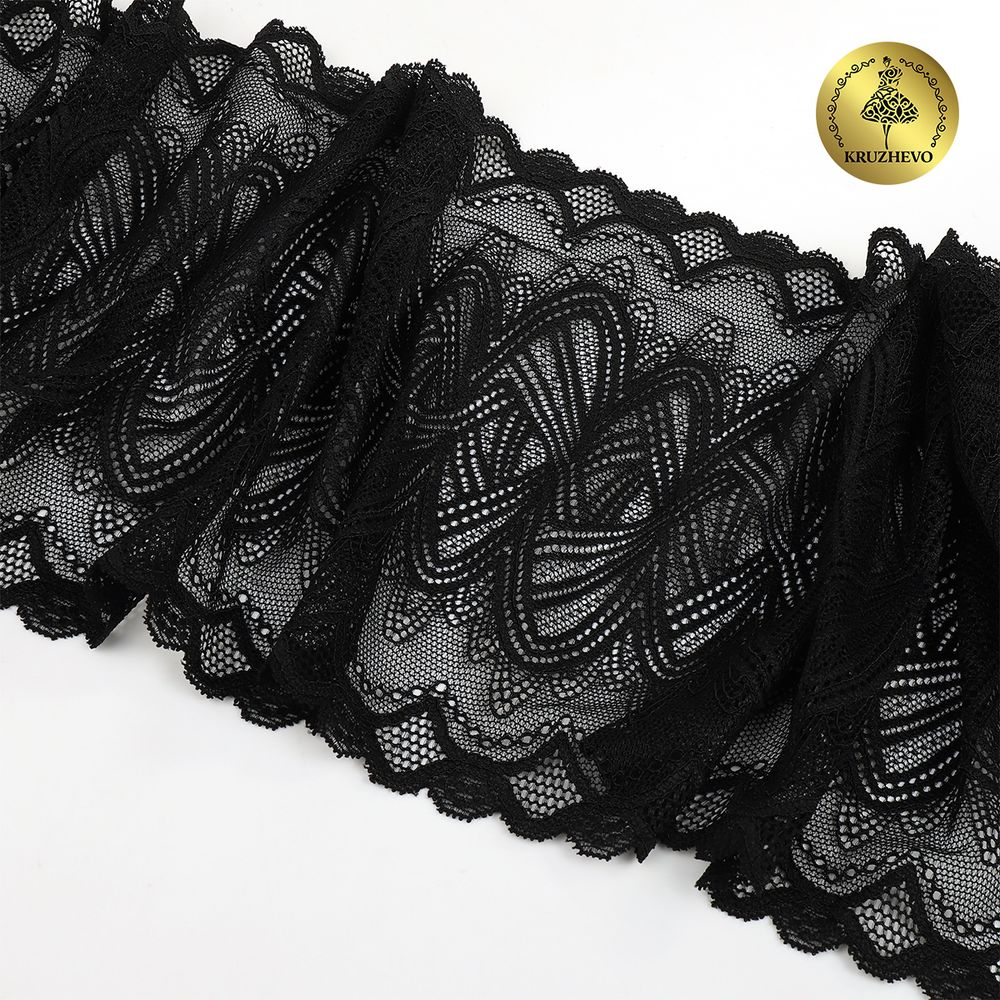 Кружево бельевое эластичное Kruzhevo 190 мм / 3 м, 6390, цв.02 черный /TOS/