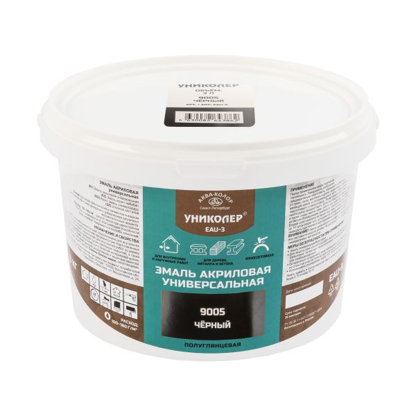 Эмаль акриловая универсальная 3 кг, RAL 9005 - черный, Униколер EAU-3