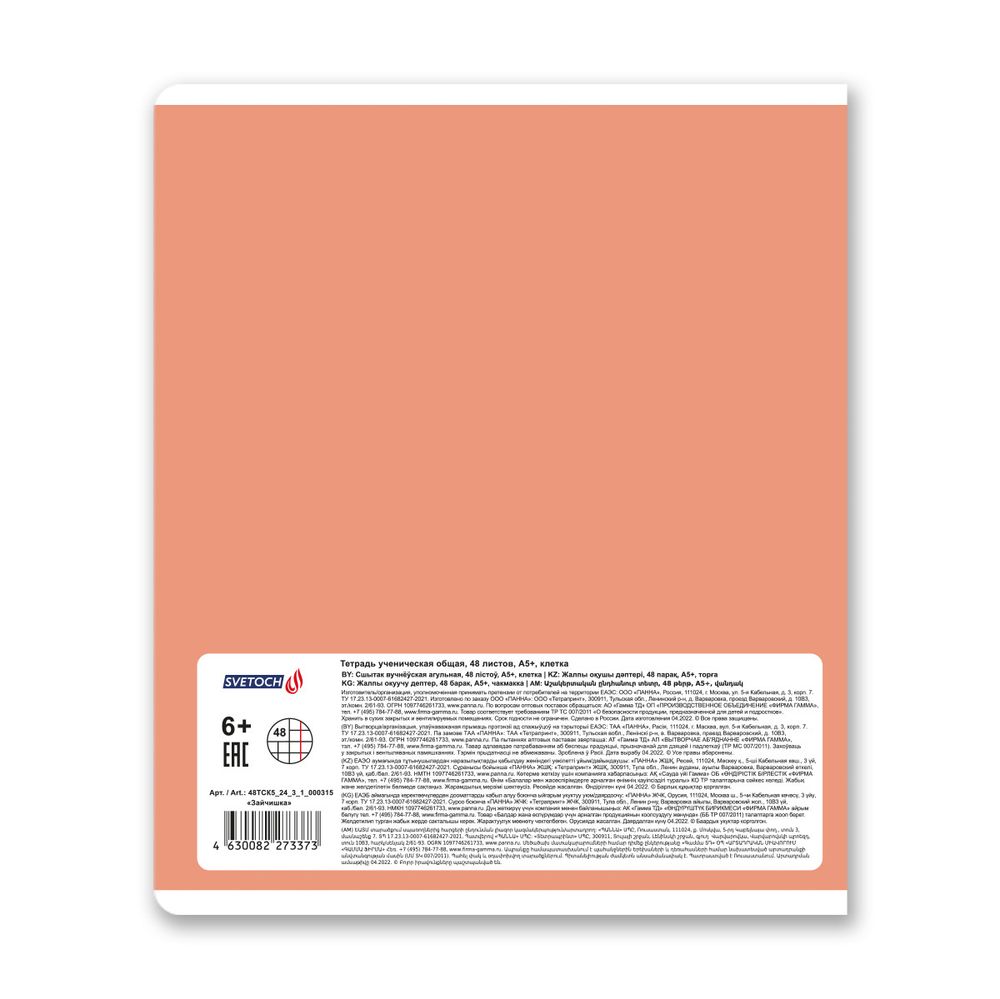 Тетрадь ученическая общая, матовая ламинация + выборочный УФ лак, A5+ 48 л. на скобе, белизна 100%, 10 шт, клетка, 000315 Зайчишка, Светоч 48ТСК5_24_3_1