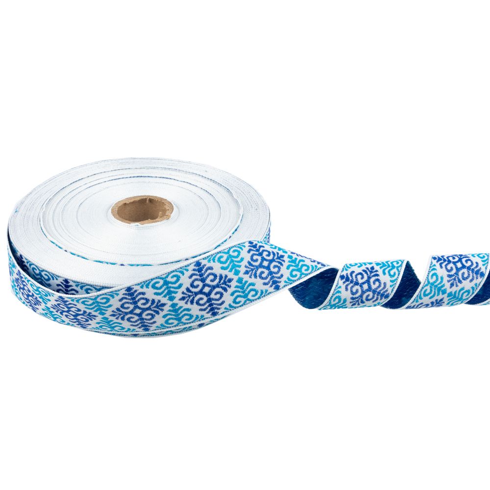 Лента (тесьма) жаккардовая 32.0 мм / 25 метров, Орнамент для северных народов, рис 9788 белый-синий-бирюзовый, Gamma С3774