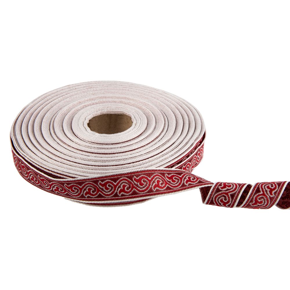Лента (тесьма) жаккардовая 18.0 мм / 25 метров, Орнамент для северных народов, рис 9594 белый/бордовый/красный (№3), Gamma С3771