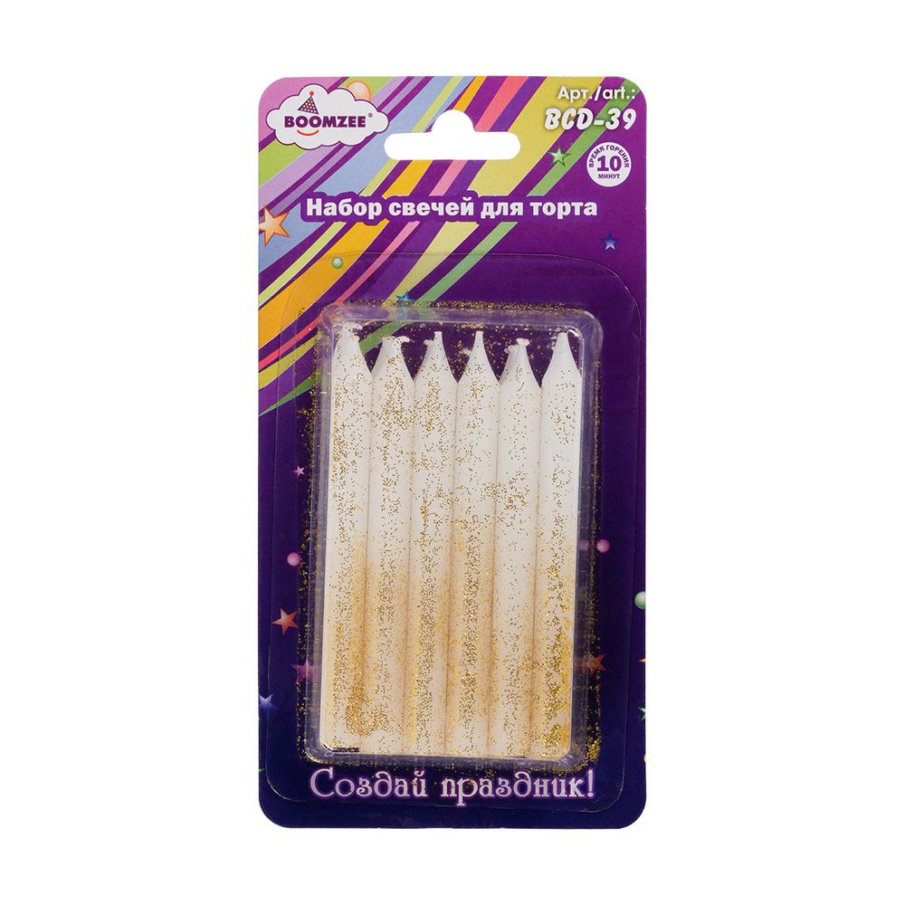Набор свечей для торта 39 г 0.8 см, 12х12 шт, белые с блестками, Boomzee BCD-39