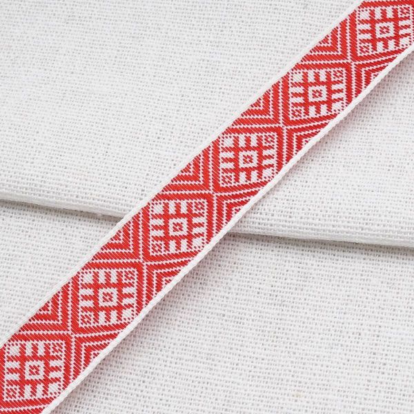 Лента (тесьма) жаккардовая 18.0 мм / 25±1 метров, Славянский орнамент Оберег, рис.9649 (1 белый/красный) С3771Г17