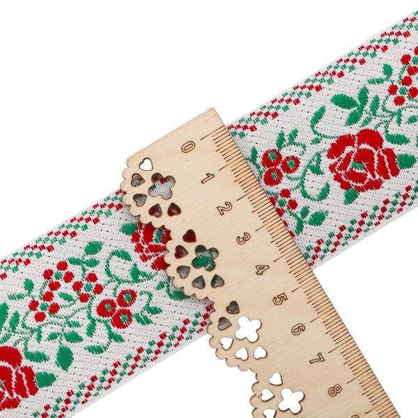 Лента (тесьма) жаккардовая 50.0 мм / 25±1 метров, рис.9600 Розы, (1 белый/красный/зеленый) С3379Г17