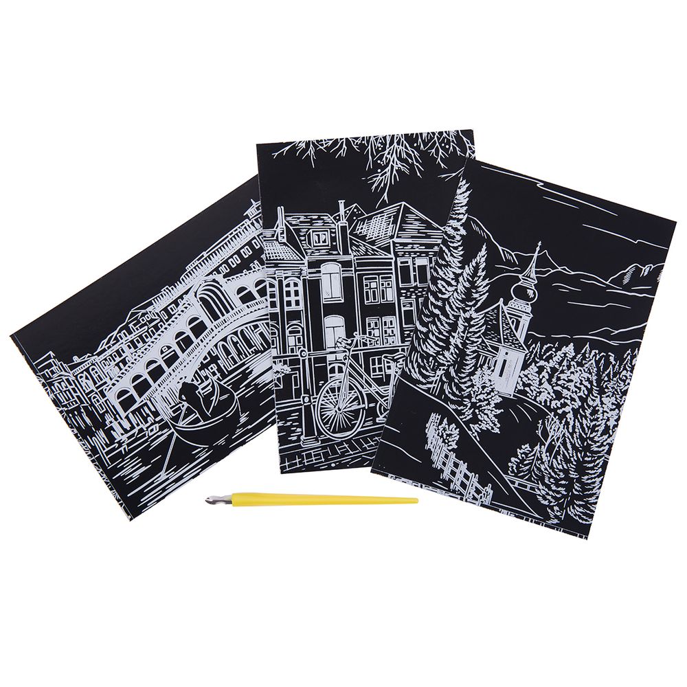 Набор для творчества Гравюра мини Городской пейзаж (серебро), 10х15 см, 1х3 шт, Hobbius GHPM-02