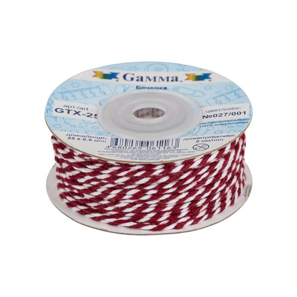 Шнур бечевка ⌀2.0 мм, 25 м, 027/001 малиновый/белый, Gamma GTX-25