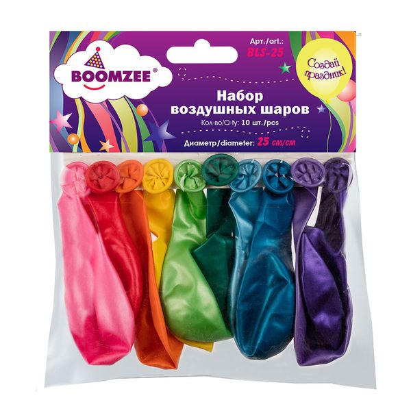 Набор воздушных шаров 25 см, 10 шт, 02-ассорти металлик, Boomzee BLS-25