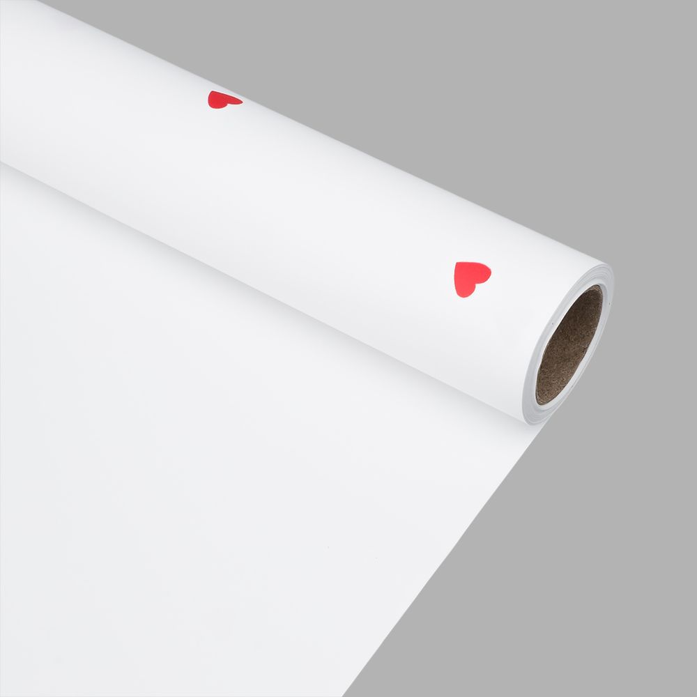 Пленка упаковочная для цветов и подарков Сердечки, 65 мкр, 58см / 10м ± 5% (VH2559 белый с красными сердечками)