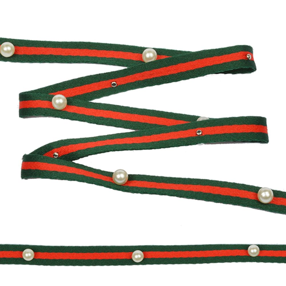 Тесьма-стропа TY Лампас с бусинами 10 мм, зеленый/красный, уп.13.71м