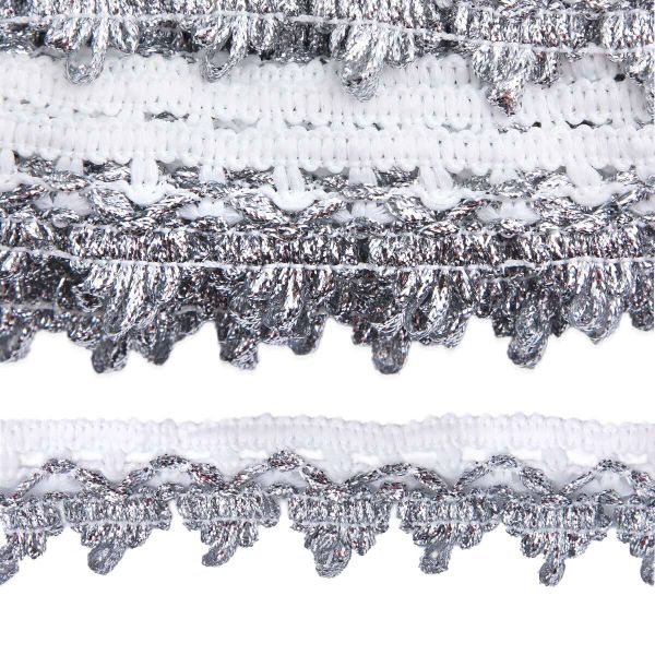Тесьма отделочная вязаная 32мм / 10м (белый/серебро), С1438Г7