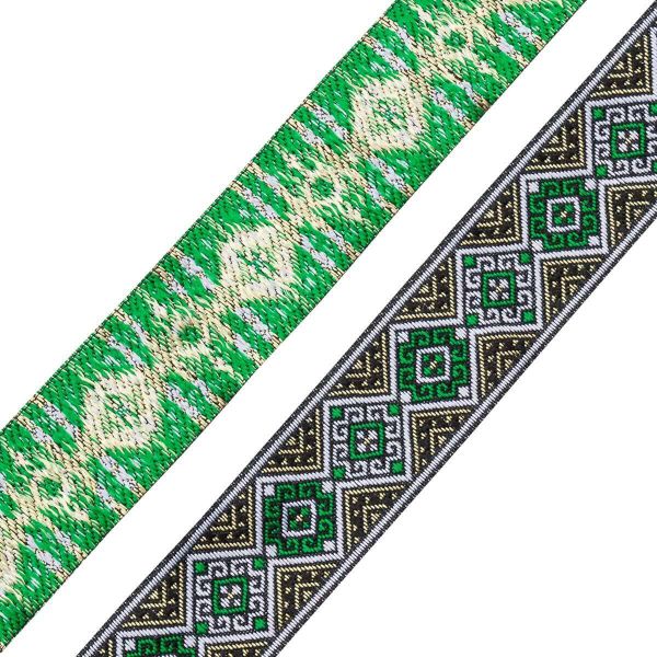 Лента (тесьма) жаккардовая 35.0 мм / 7 метров, золото/зеленый, 4101-1