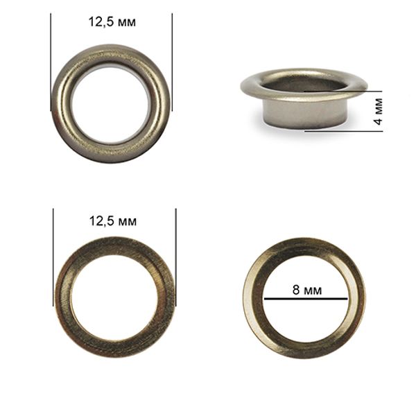Люверсы металл ⌀_8.0 мм (внутр.), внешн. ⌀12.5 мм (внутр.), h4 мм (внутр.), №5, сталь, цв.никель черный, 500 шт, TBY