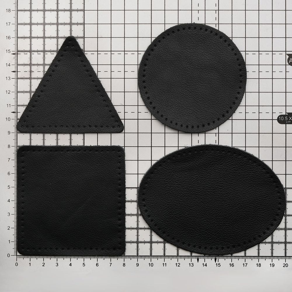 Набор заплаток пришивных из кожи, круг, квадрат, треугольник, овал 8см, с перфорацией, 4 шт (01 черный), 9743