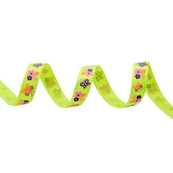 Лента репсовая (в рубчик) Бабочки 2 1,5см*22.86 м (желтый неон)