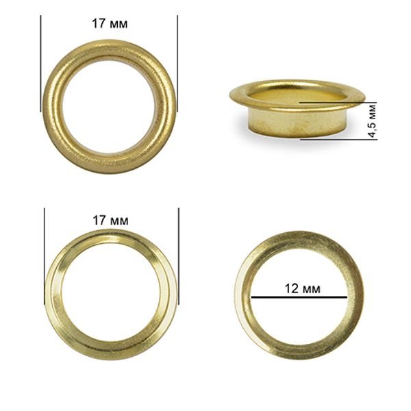 Люверсы металл ⌀12.0 мм (внутр.), внешн. ⌀17.0 мм (внутр.), h4.5 мм (внутр.), №26, сталь, цв.золото, 250 шт, TBY
