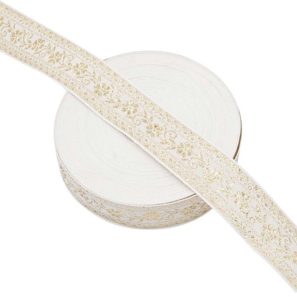 Лента (тесьма) жаккардовая 32.0 мм / 25±1 метров, с метанитом рис. 9842, белый/золото, С3104Г17