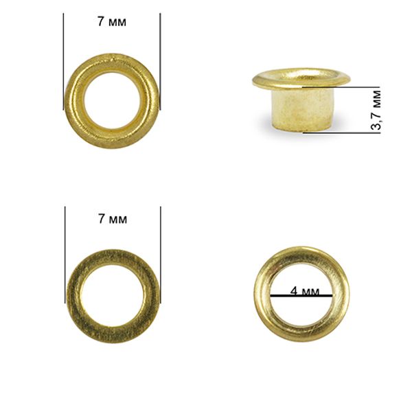 Люверсы металл ⌀_4.0 мм (внутр.), внешн. ⌀7.0 мм (внутр.), h3.7 мм (внутр.), №2, сталь, цв. золото, 1000 шт, TBY
