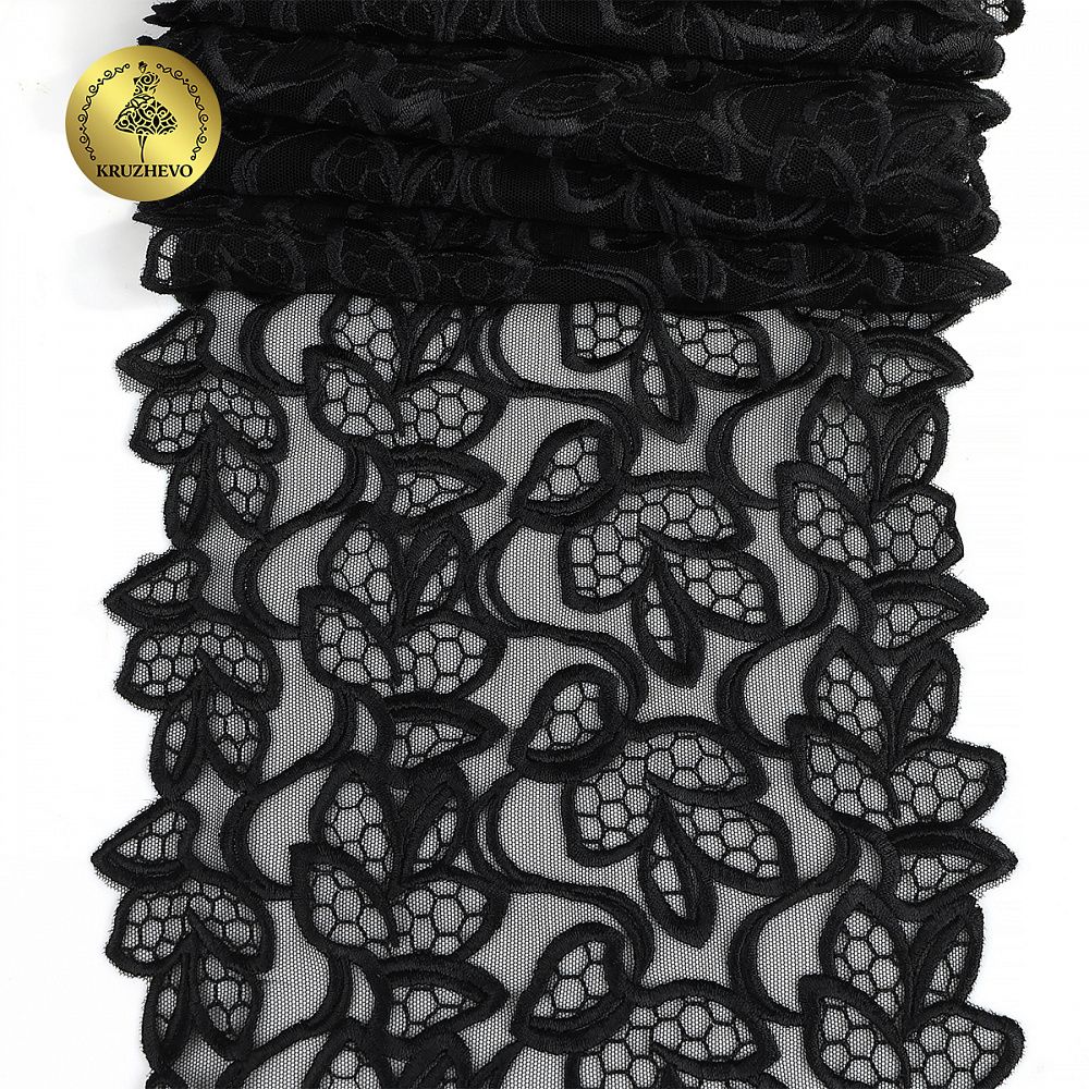 Кружево на сетке (вышитое) арт.T99 180мм цв.черный уп.6м, Kruzhevo