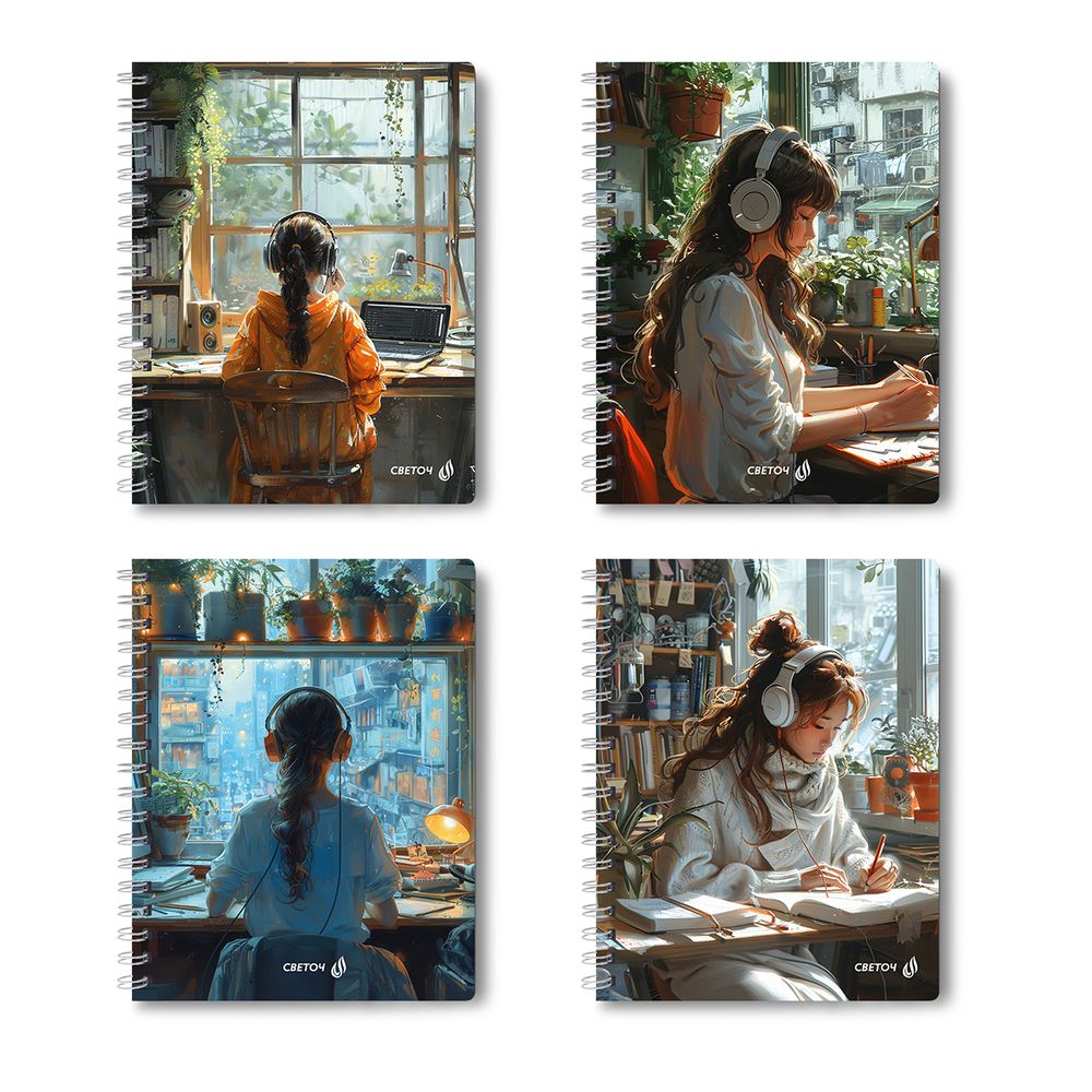 Тетрадь ученическая общая, выборочный УФ лак, A5 96 л. на гребне 65 г/м², белизна 100 %, 4 шт, клетка, 01191 Музыка дождя, Светоч Т113