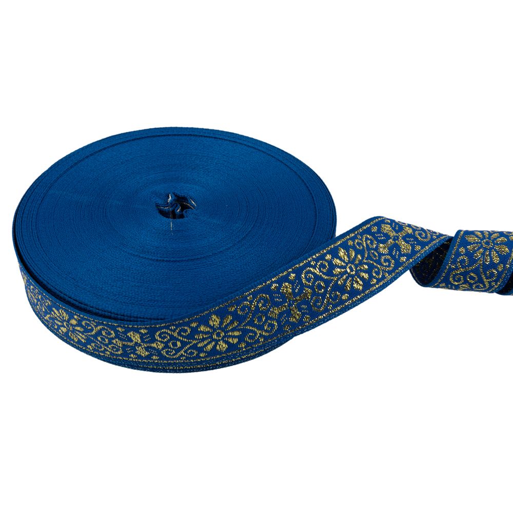 Лента (тесьма) жаккардовая 23.0-25.0 мм / 25 метров, синий/под золото, Blitz