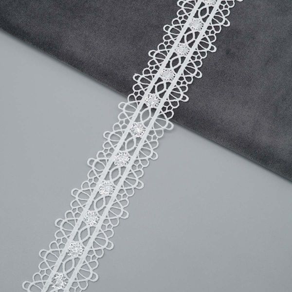 Кружево гипюр (плетёное) 35 мм, / 13.71 метра, с пайетками, белый