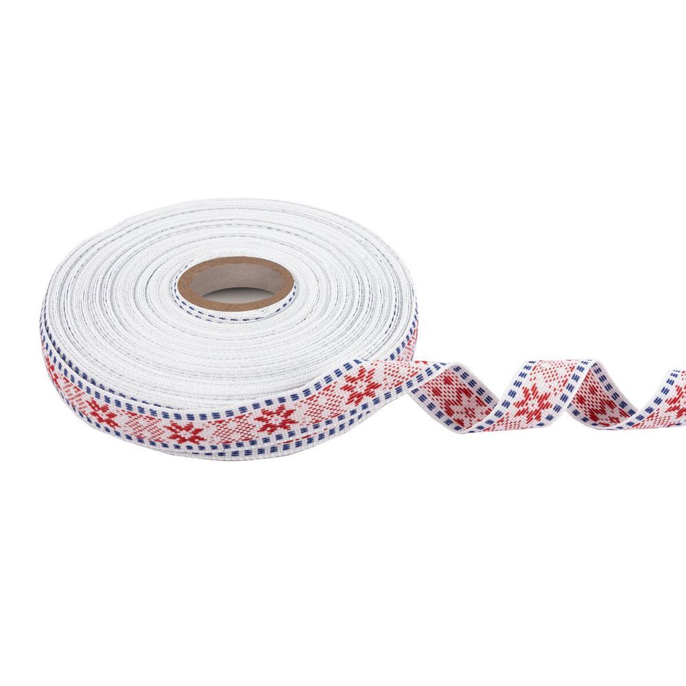 Лента (тесьма) жаккардовая 24.0 мм / 25±1 метров, Орнамент для северных народов, рис 9875 №2 бел/красн/синий, Gamma C3885