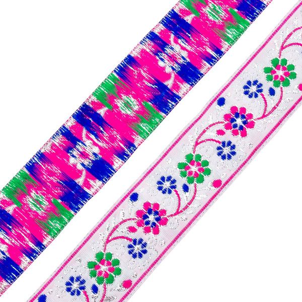 Лента (тесьма) жаккардовая 33.0 мм / 7 метров, белый с цветами, 11823