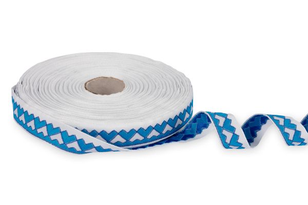 Лента (тесьма) жаккардовая 18.0 мм / 25±1 метров, Орнамент для северных народов, рис 7052 белый-бирюзовый-синий, Gamma С3771