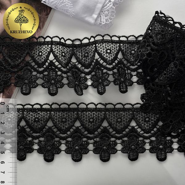 Кружево гипюр (плетёное) с цветами 60 мм, 27294 цв.019 черный уп.13.71м, Kruzhevo