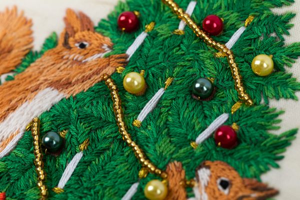 Набор для вышивания нитками Panna, Живая картина Бельчата украшают елку, 19х17 см