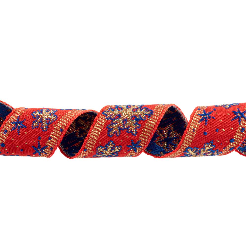 Лента (тесьма) жаккардовая 23-25.0 мм / 25 метров, рис. 8887В, лента, Снежинка, красный/синий/золото, Blitz С1857 рис. 8887В