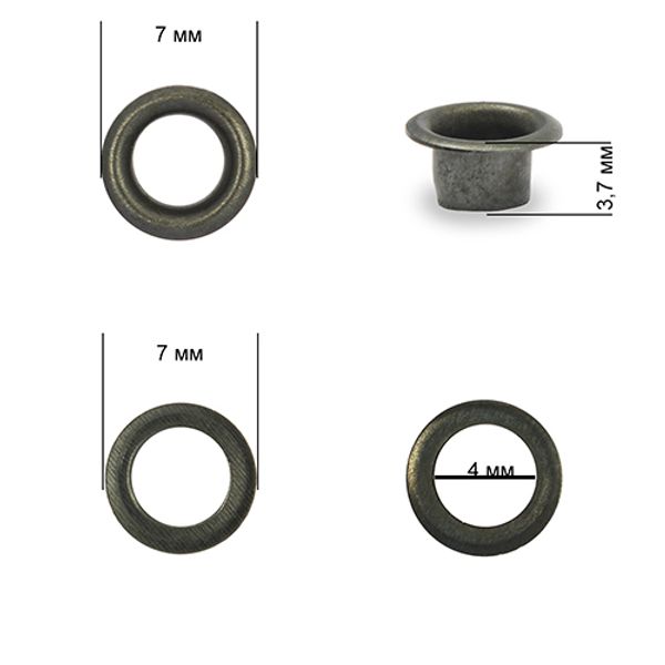Люверсы металл ⌀_4.0 мм (внутр.), внешн. ⌀7.0 мм (внутр.), h3.7 мм (внутр.), №2, сталь, цв. оксид, 1000 шт, TBY