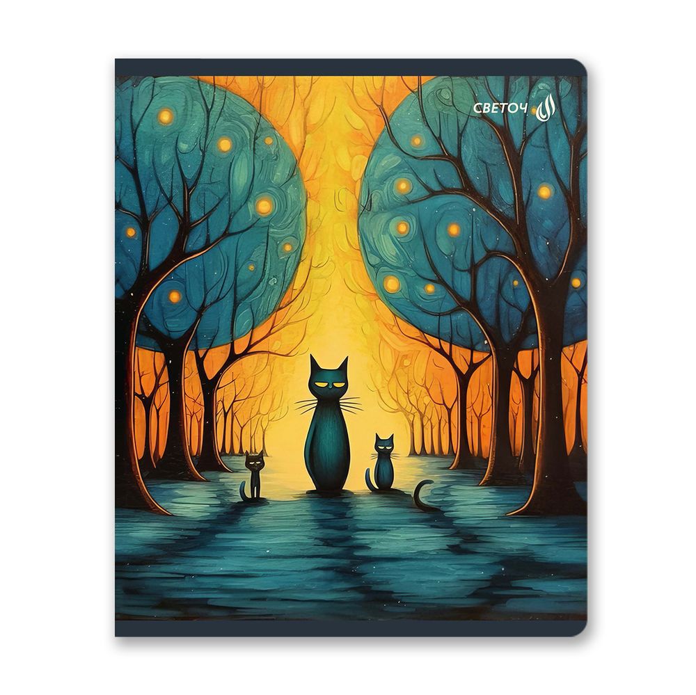 Тетрадь ученическая общая, матовый сплошной лак+запечат.форзац+титул лист A5+ 48 л. на скобе 65 г/м², белизна 100 %, 10 шт, клетка, 01122 Загадочные коты, Светоч Т76