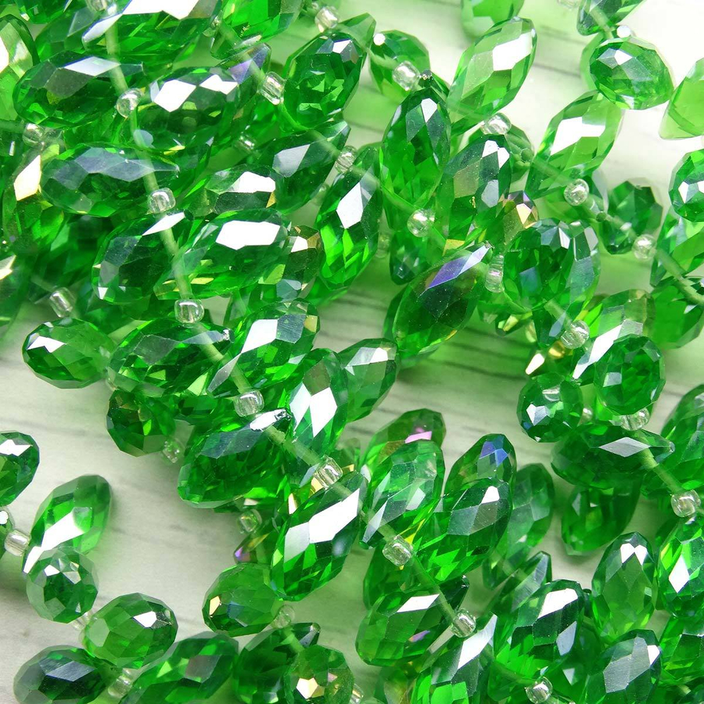 Бусины капля хрусталь, Зеленый прозрачный, с покрытием 6х12 мм, 10 шт в упак, Астра