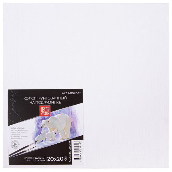 Холст грунтованный на подрамнике 20х20 см, 100% хлопок, 260 г/м², мелкозернистый, Аква-колор IZO-CGP-2020
