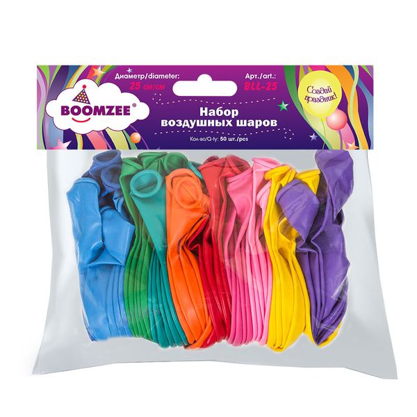 Набор воздушных шаров 25 см, 50 шт, 01-ассорти стандарт, Boomzee BLL-25