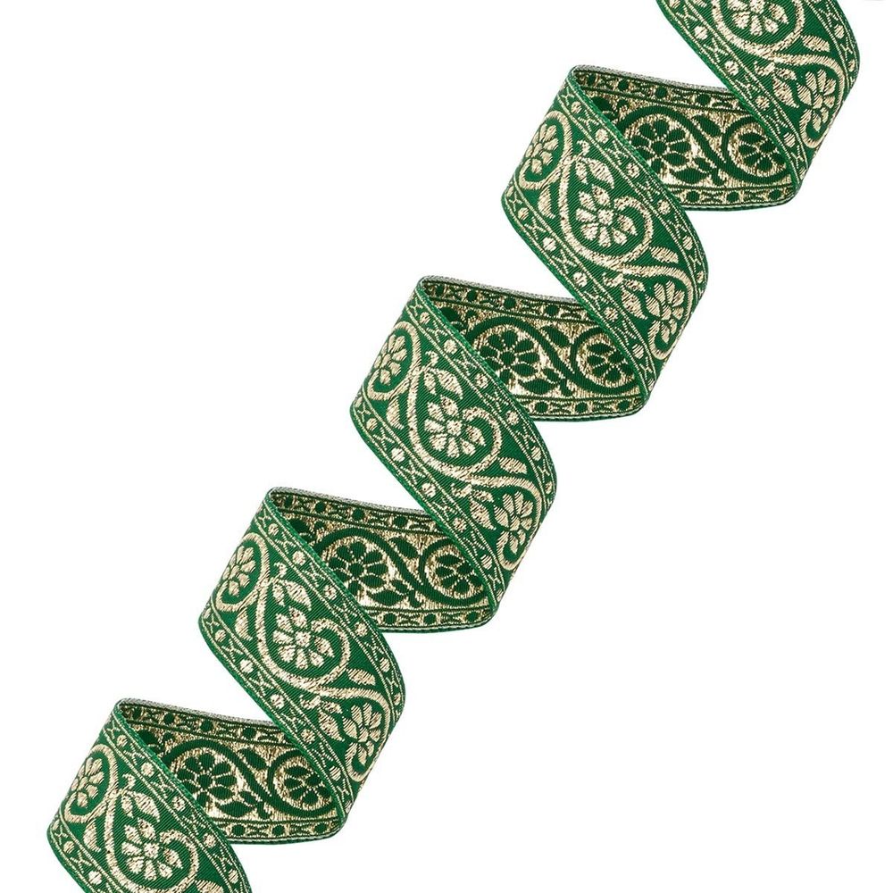 Лента (тесьма) жаккардовая 32.0 мм / 25±1 метров, с метанитом рис. 9819, зеленый/золото, С3104Г17