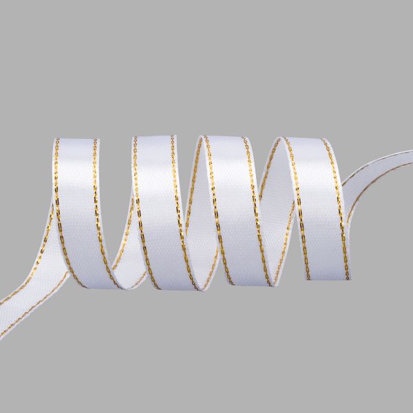 Лента атласная 1-сторонняя 10.0 мм / 20 метров, с золотым краем, белый