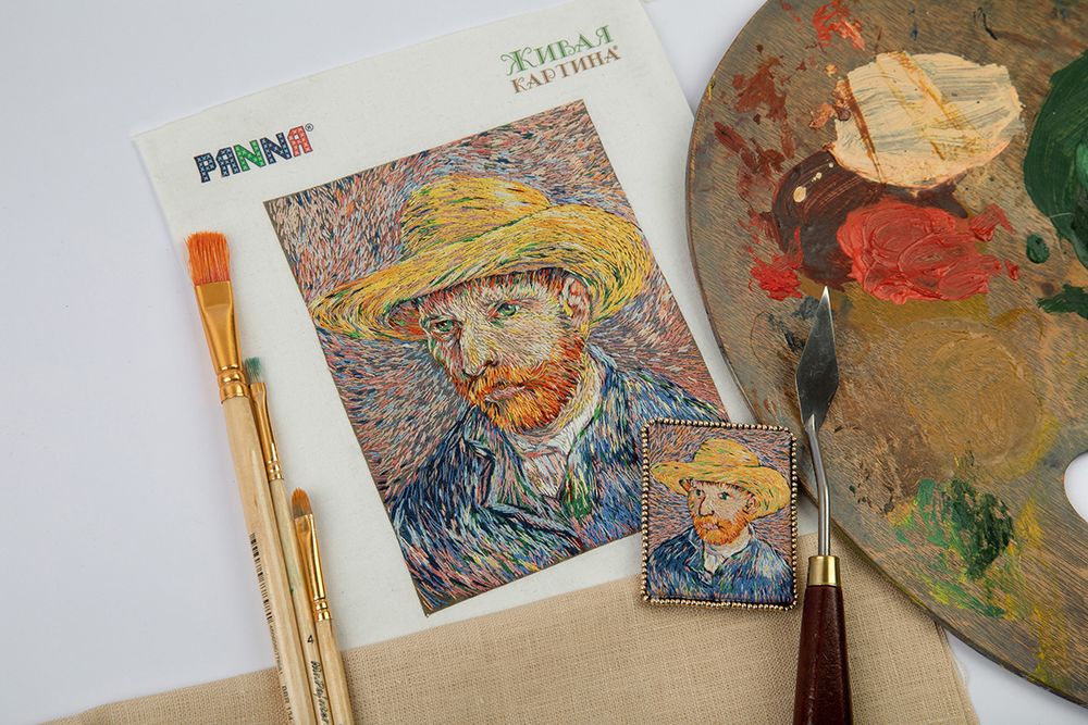 Набор для вышивания нитками Panna, Живая картина. брошь Автопортрет в соломенной шляпе, 5х6 см