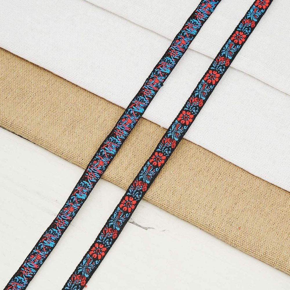 Лента (тесьма) жаккардовая 10.0 мм / 20.12 метра, черный/красный, 1172