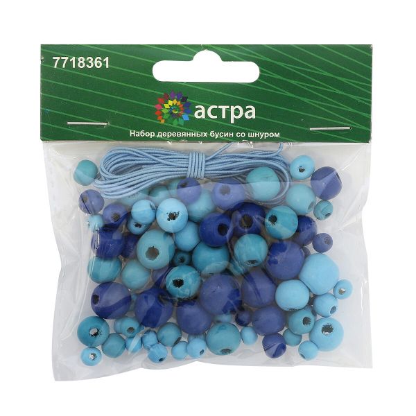 Бусины дерево набор со шнуром 6, 8, 10, 12 мм, голубой микс, 21 г, 90 шт/упак, Astra&Craft, 160815