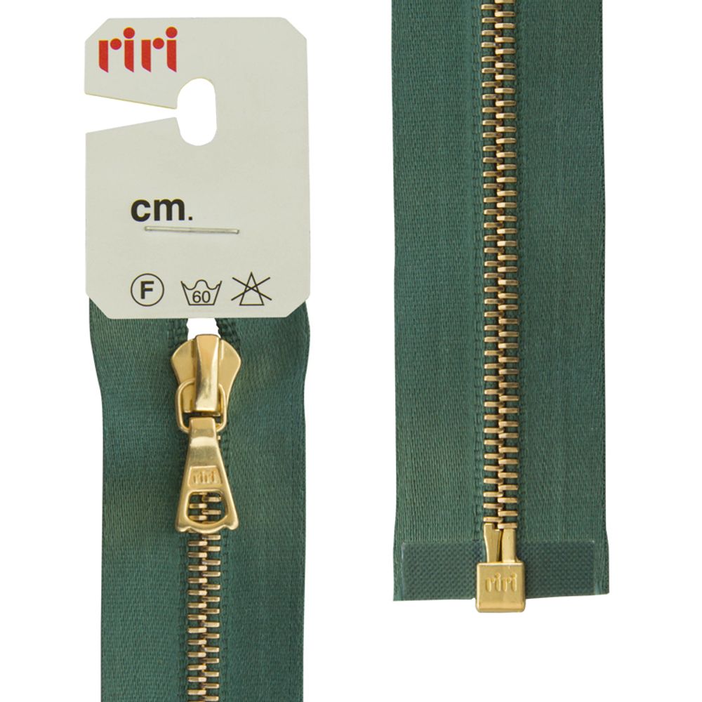 Молния металл RIRI Т4 (4 мм) Gold, 1 зам., разъем., атлас. тесьма, 70 см, цв. тесьмы 5861, морская волна, упак. 5 шт /TOS/