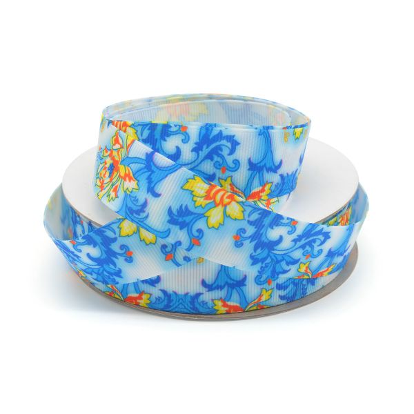 Лента репсовая (в рубчик) PREMIUM Новогодние цветы 22 мм, 22,5м (029 белый)