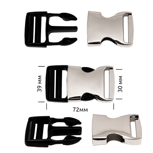 Фастекс (пряжка трезубец) металл/пластик 30 мм, 72x39 мм, никель / черный, 6 шт