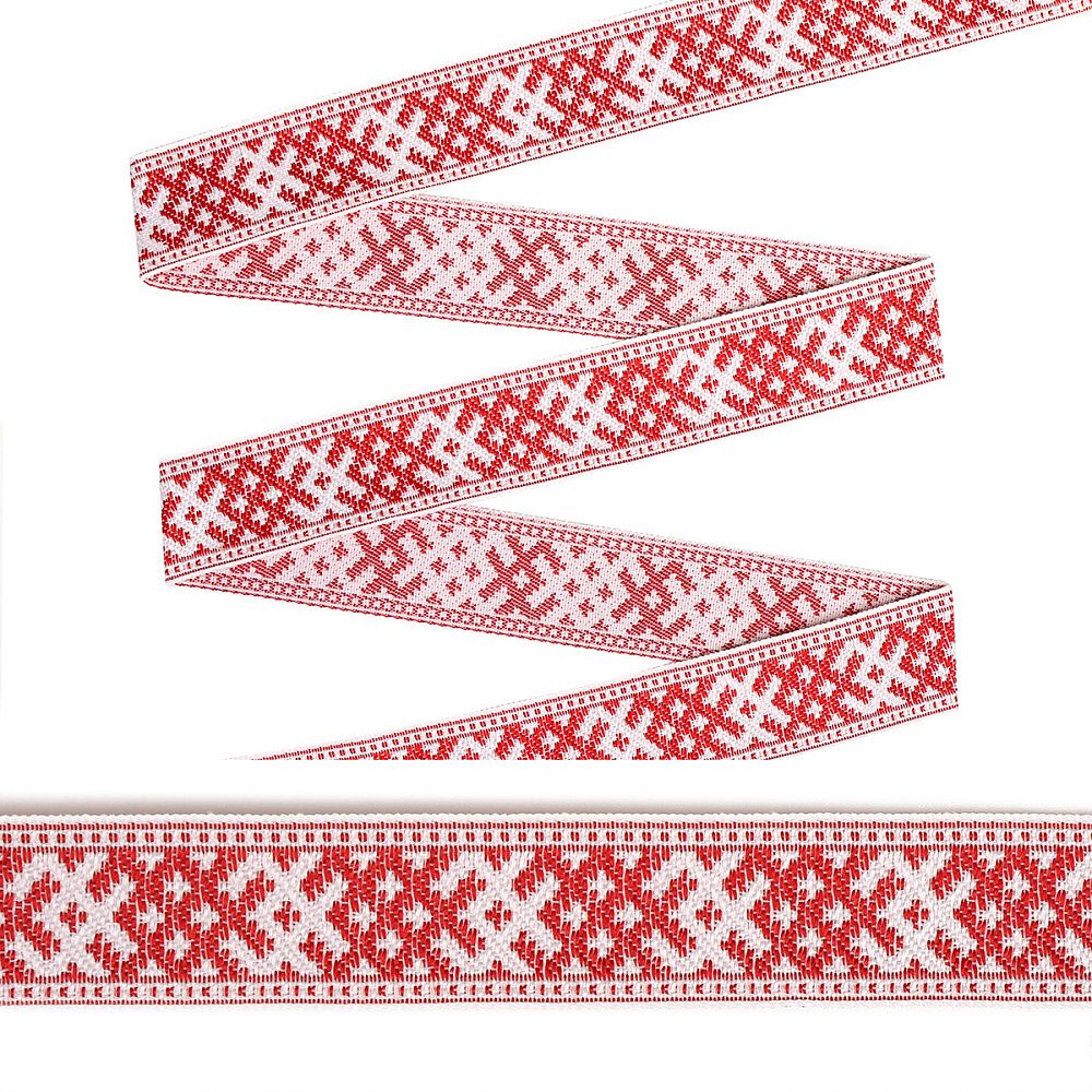 Лента (тесьма) жаккардовая Славянский орнамент Оберег с3772г17 рис.9321 24 мм, цв.белый-красный уп.25м
