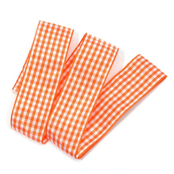 Лента тканевая с рисунком Клетка 25 мм, оранжевый/белый, уп. 20 м