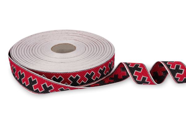 Лента (тесьма) жаккардовая 24.0 мм / 25±1 метров, рис.9591, Орнаменты и узоры народов севера, белый-красный-черный, Gamma С3772Г17 рис.9591