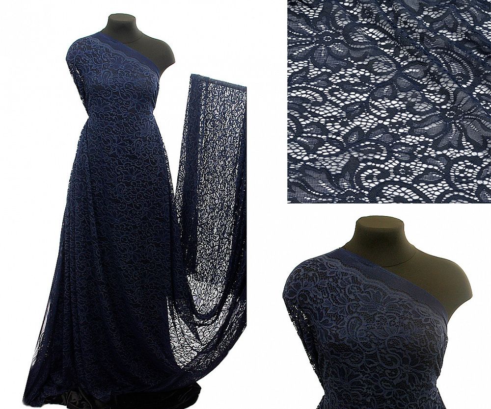 Ткань кружевная гипюр с кордом 130 г/м², 150 см / 1 метр, TBY.3036 цв.318 нейви